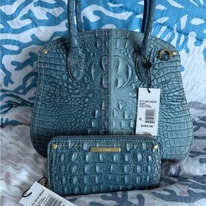 Brahmin Teal Croc-Embossed Leather Tote with Matching Wallet